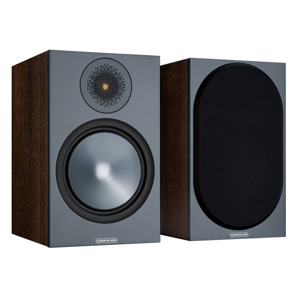 Monitor Audio Bronze 100 Bookshelf Speakers, Walnut, front view of a pair, one with grille and one without