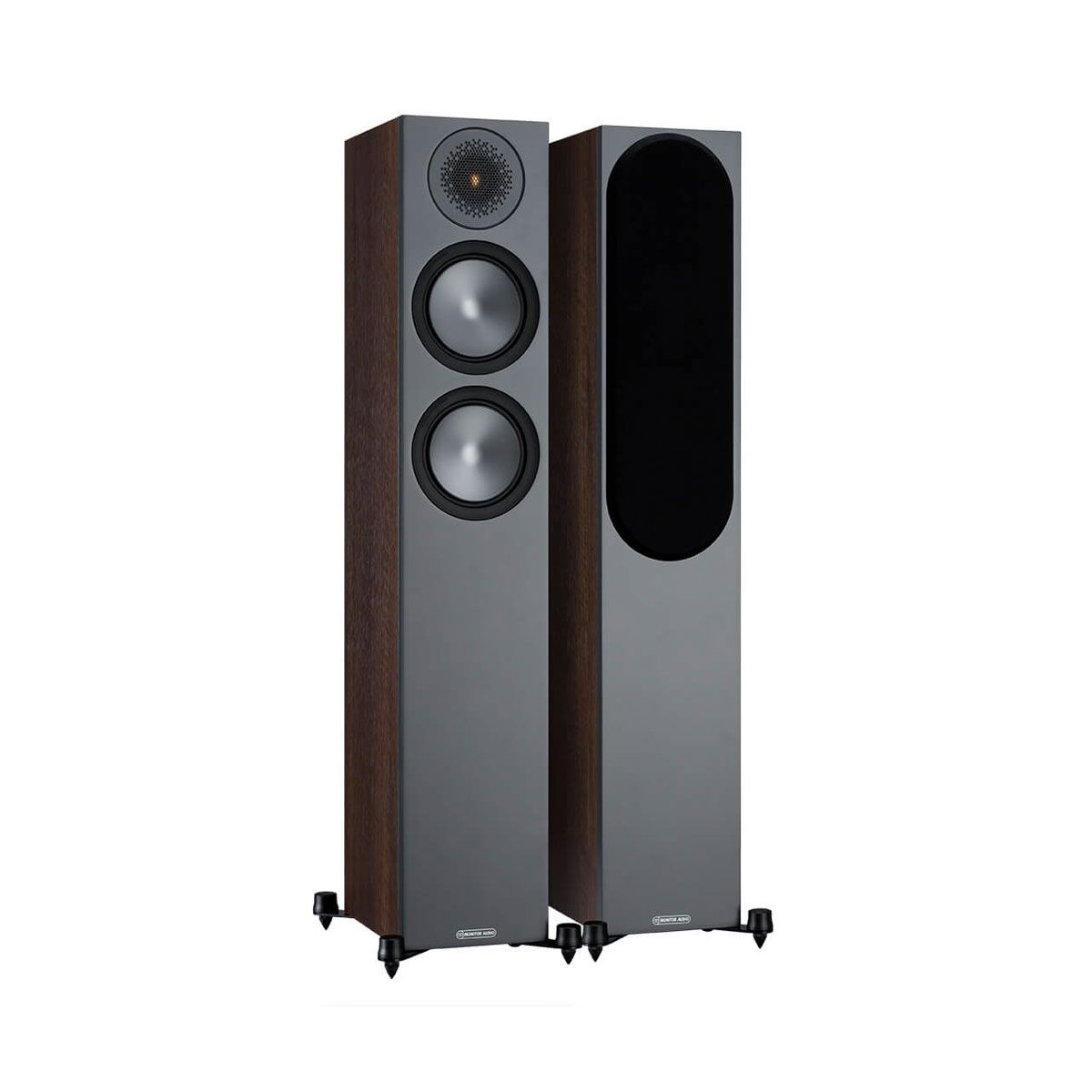 Monitor Audio Bronze 200 Floorstanding Speakers, Walnut, set of two, one with grille and one without grille