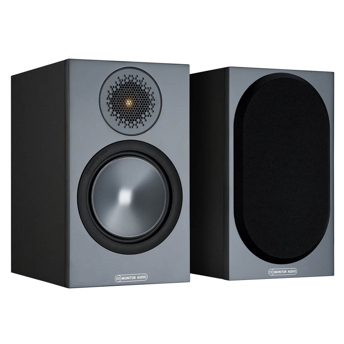 Monitor Audio Bronze 50 Bookshelf Speakers, Black, front view of a pair, one with grille and one without
