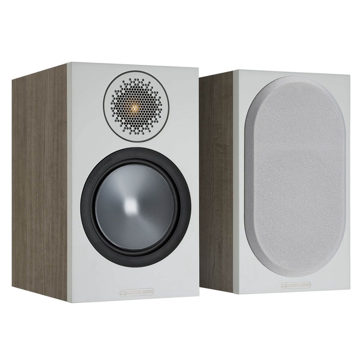 Monitor Audio Bronze 50 Bookshelf Speakers, Urban Grey, front view of a pair, one with grille and one without