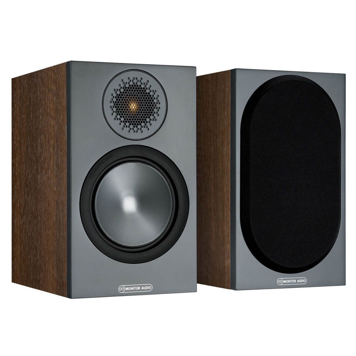 Monitor Audio Bronze 50 Bookshelf Speakers, Walnut, front view of a pair, one with grille and one without