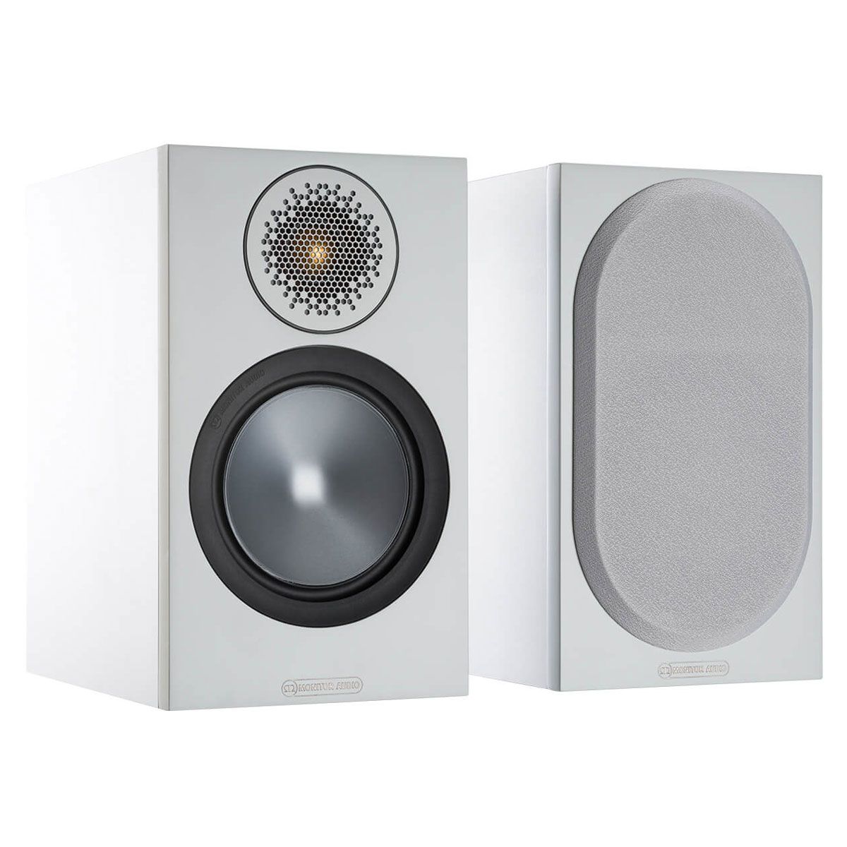 Monitor Audio Bronze 50 Bookshelf Speakers, White, front view of a pair, one with grille and one without