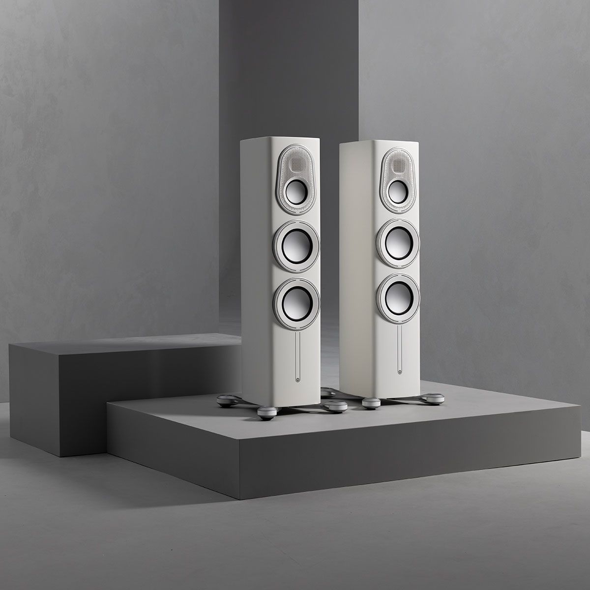 Monitor Audio Platinum 200 3G Floorstanding Loudspeaker - satin white pair on grey blocks