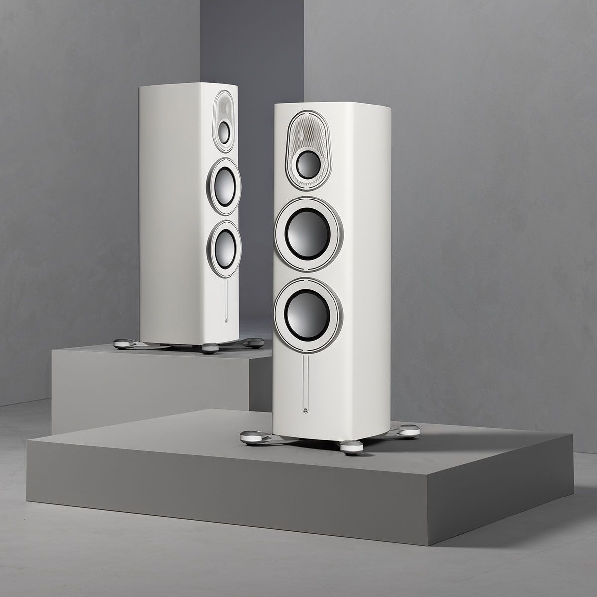 Monitor Audio Platinum 300 3G Floorstanding Loudspeaker - satin white pair on grey blocks