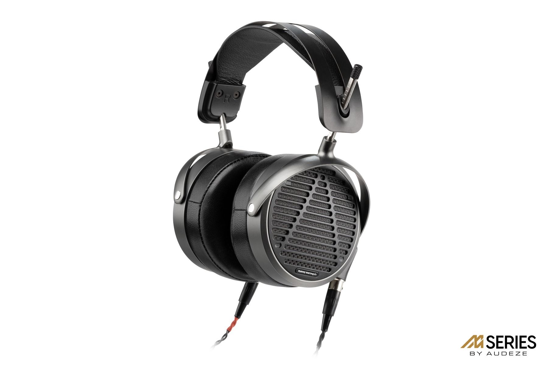 Angled view of Audeze MM-500 Open-back Planar Magnetic Over-ear headphones in black color.