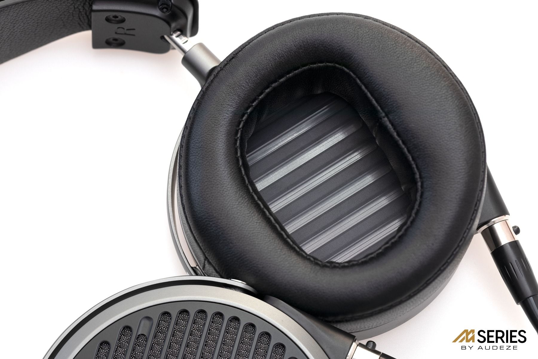Close-up view of Audeze MM-500 Open-back Planar Magnetic Over-ear headphone's earcup chamber.