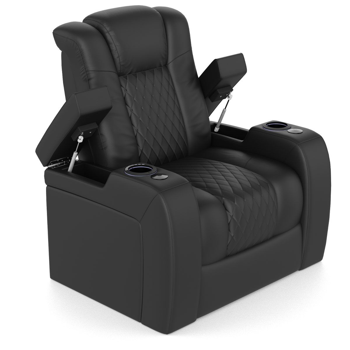Audio Advice Revelation Home Theater Seating - left angled front view of 2 arm chair with arm rest up to show storage