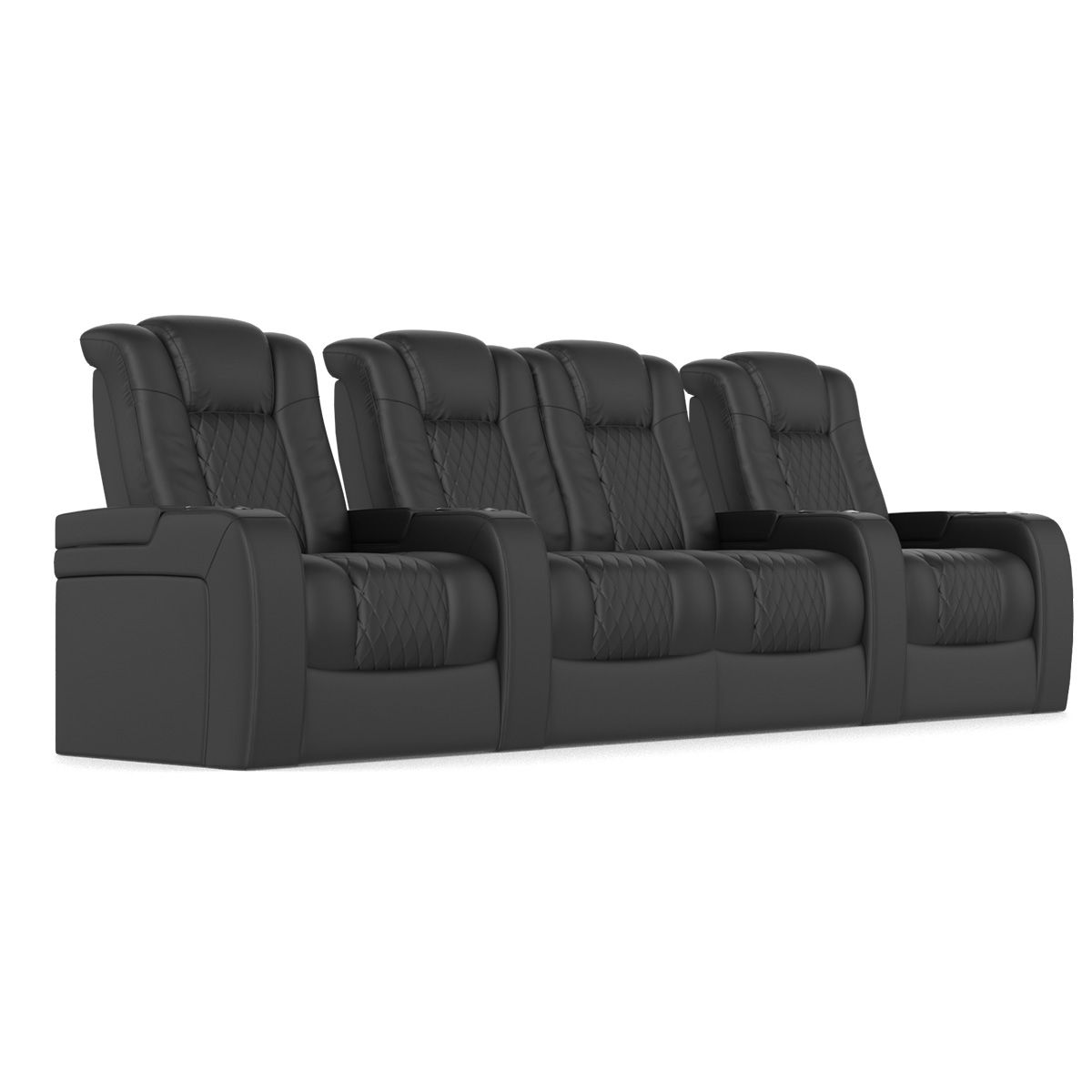 Audio Advice Revelation Home Theater Seating - angled front view of 4 chair row with center loveseat