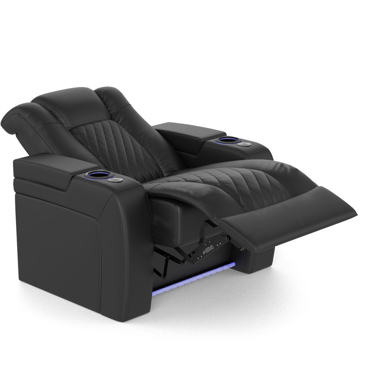 Audio Advice Revelation Home Theater Seating - angled side view of reclined 2 arm chair with LEDs on
