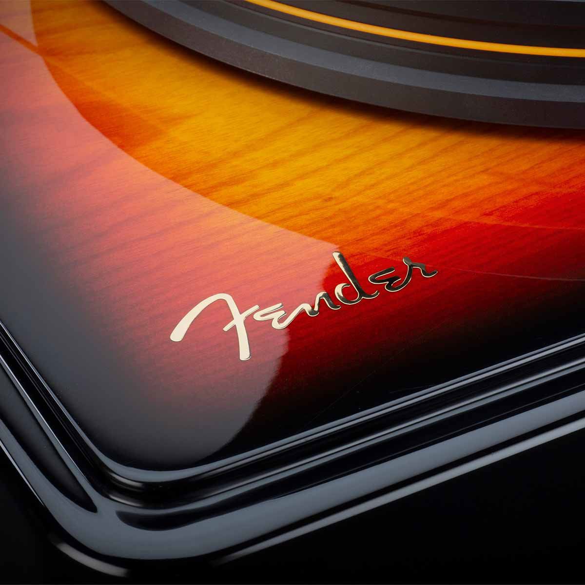 MoFi Fender PrecisionDeck Turntable, Sunburst, detailed view of sunburst and Fender logo