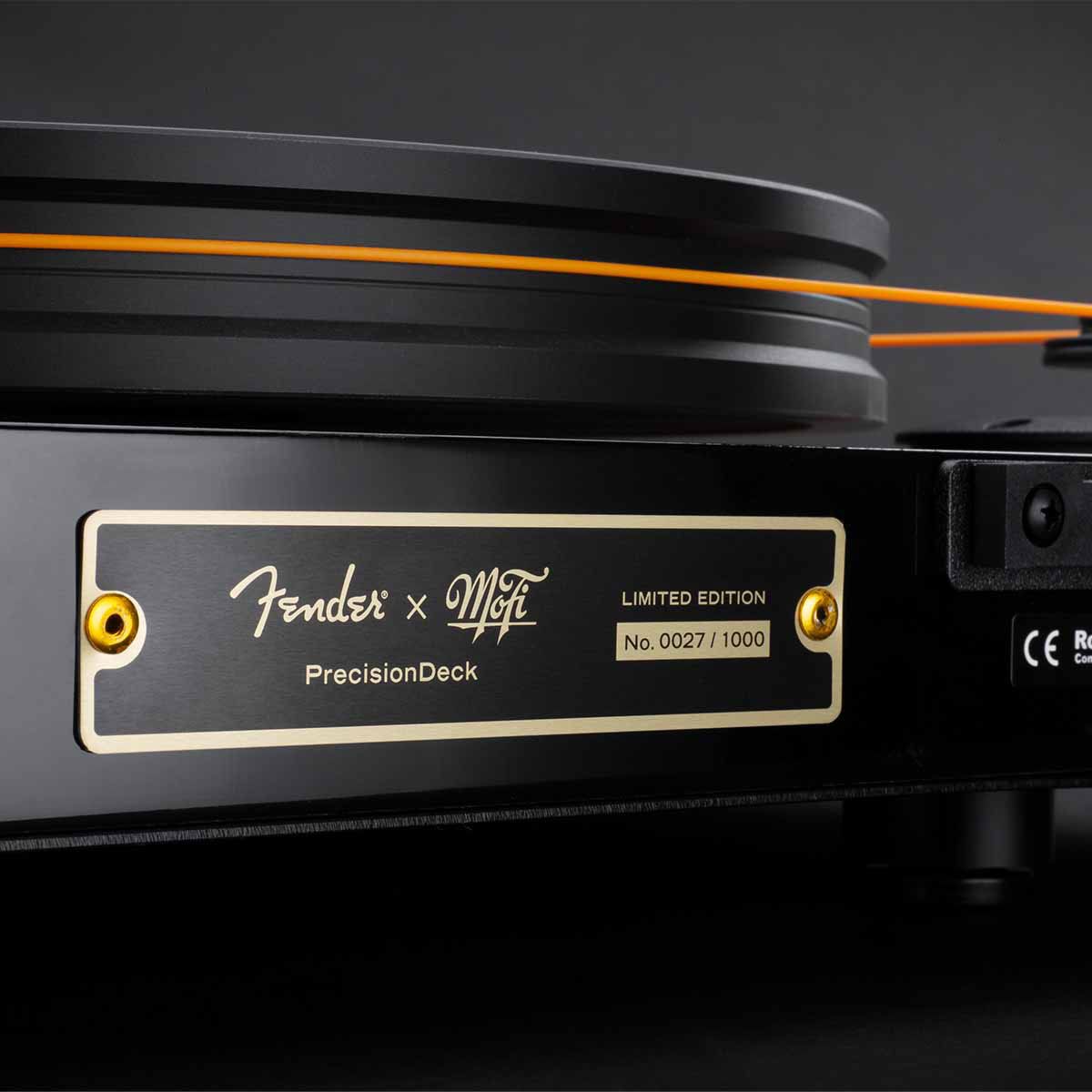 MoFi Fender PrecisionDeck Turntable, Sunburst, detailed view of rear collector's plate