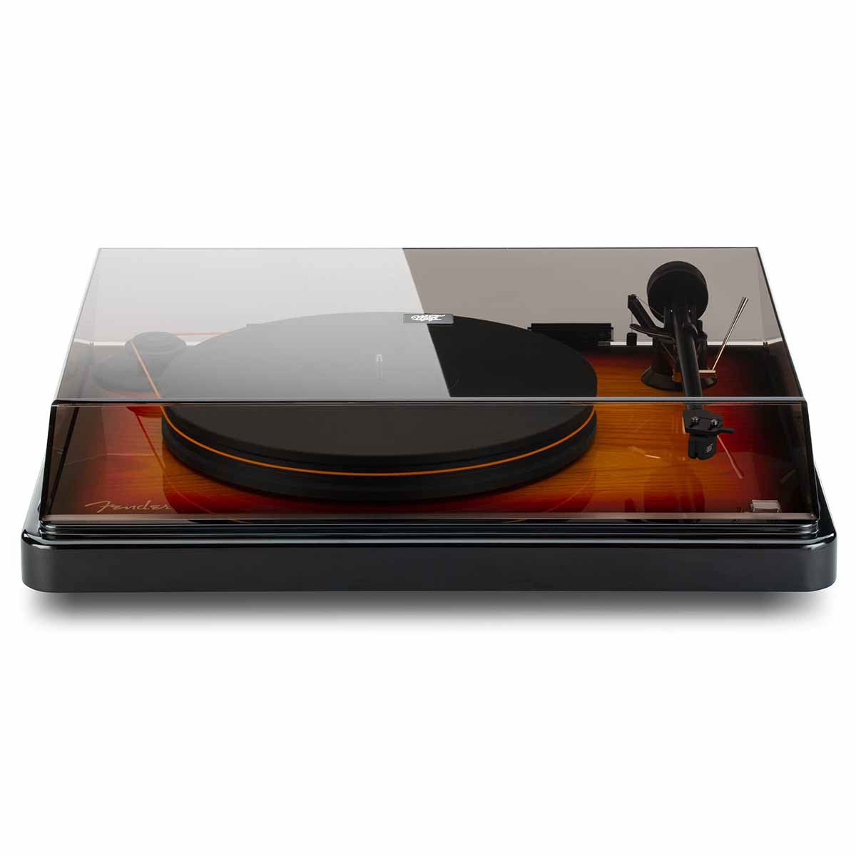 MoFi Fender PrecisionDeck Turntable, Sunburst, front view with dustcover attached