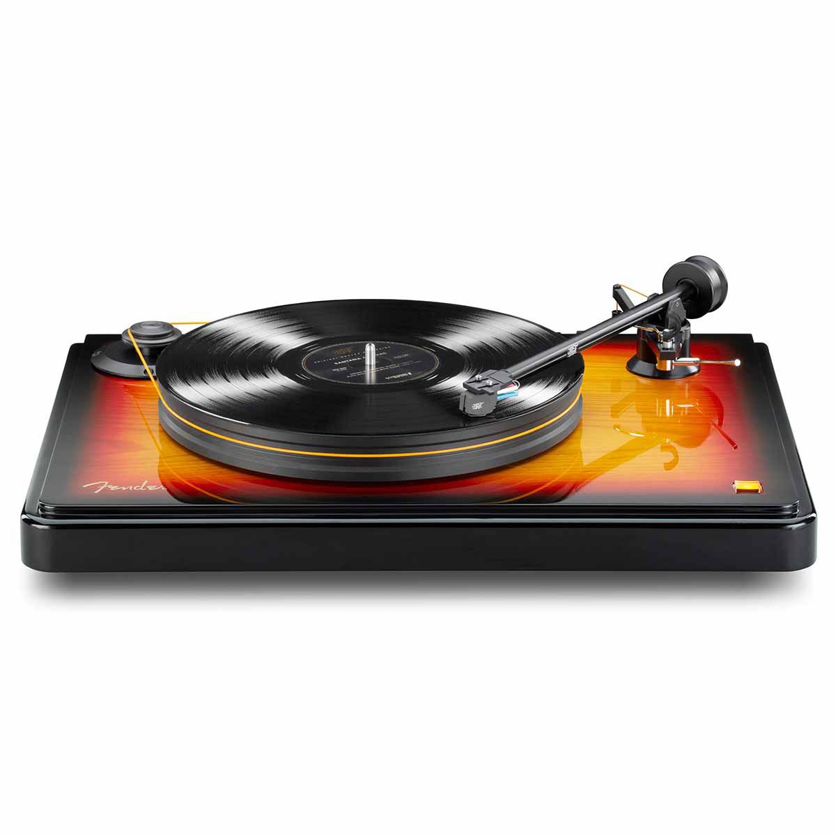 MoFi Fender PrecisionDeck Turntable, Sunburst, front view with record on turntable