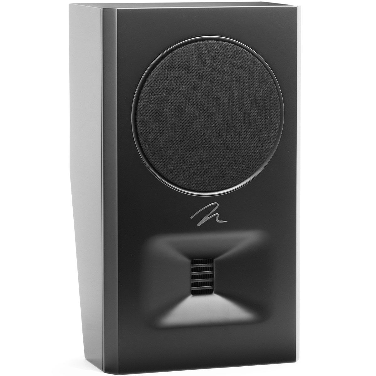 MartinLogan Motion XT MP10 on-wall Speaker in black, angled view with grilles on white background