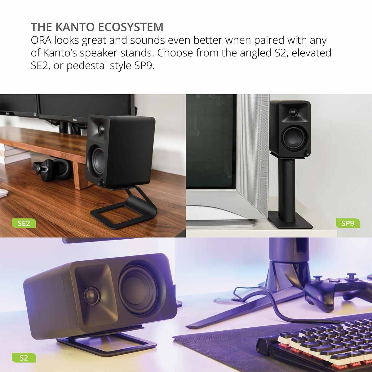 Kanto ORA Powered Reference Desktop Speakers - Pair mounted on various Kanto stands