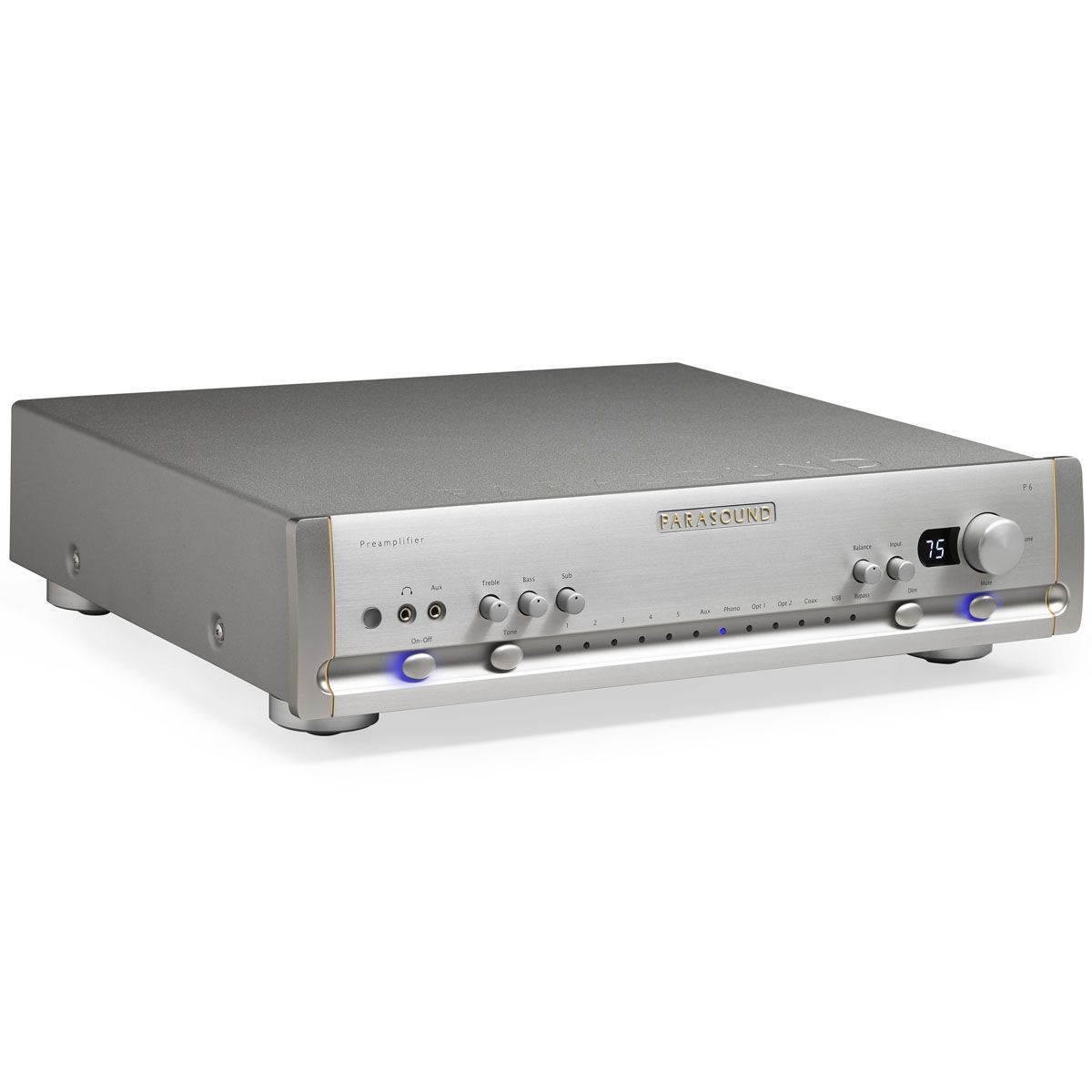 Parasound Halo P6 2.1-Channel Preamplifier & DAC silver angled front view