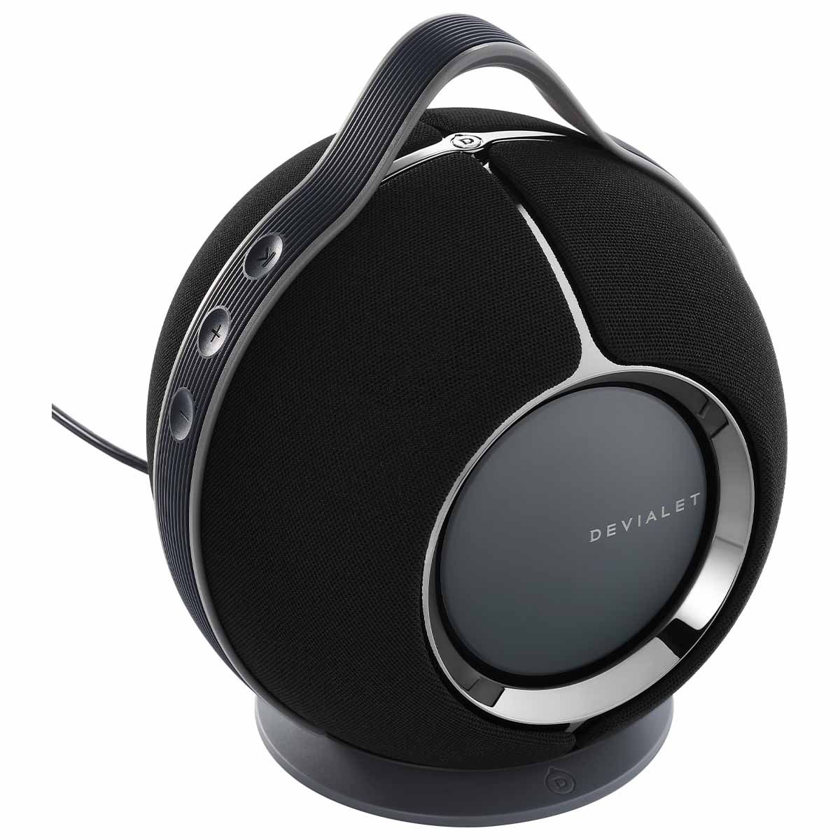 Devialet Mania HiFi Portable Smart Speaker - angled top view with optional charging base