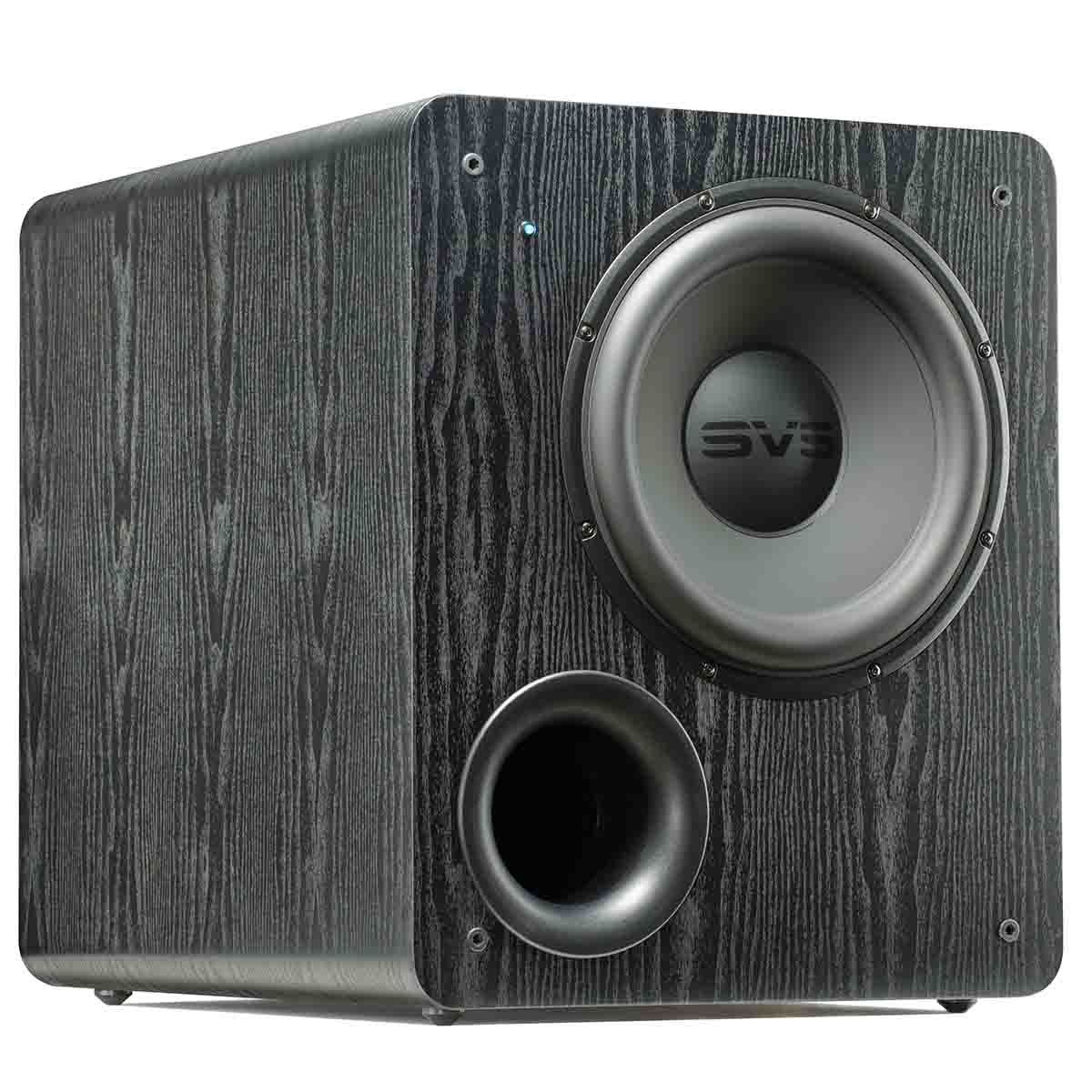 SVS PB-2000 12" Ported Subwoofer - Premium Black Ash - angled front view without grille