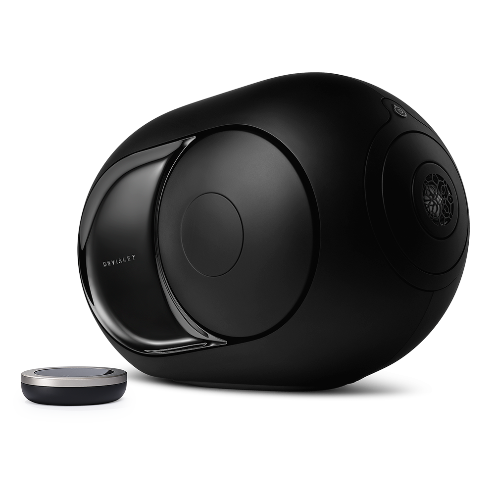 Devialet Phantom I 108dB Wireless Speaker, Dark Chrome, front angle with remote