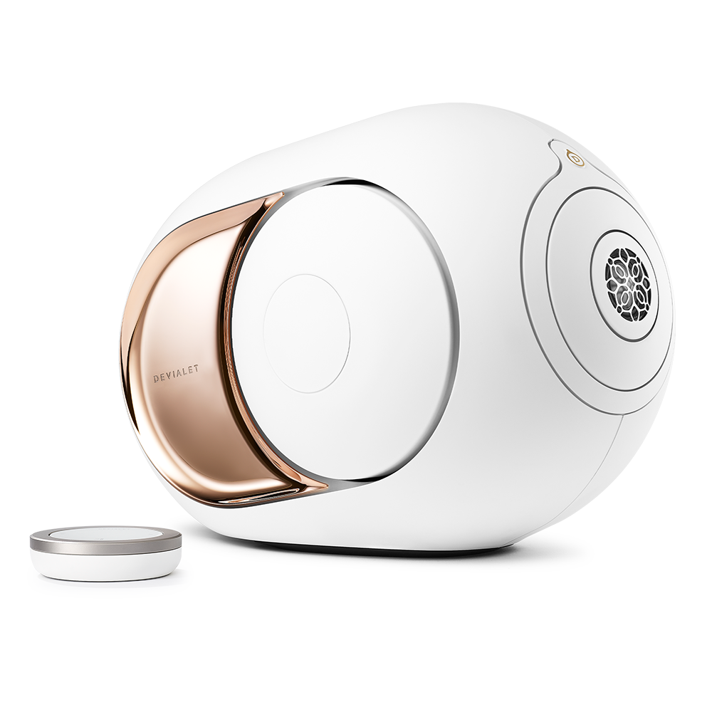 Devialet Phantom I 108dB Wireless Speaker, Gold, front angle with remote