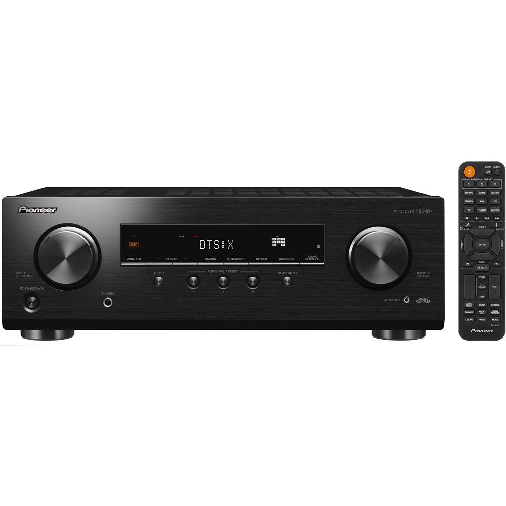 Pioneer VSX-834 7.2 Channel AV Receiver on white background - front view with remote