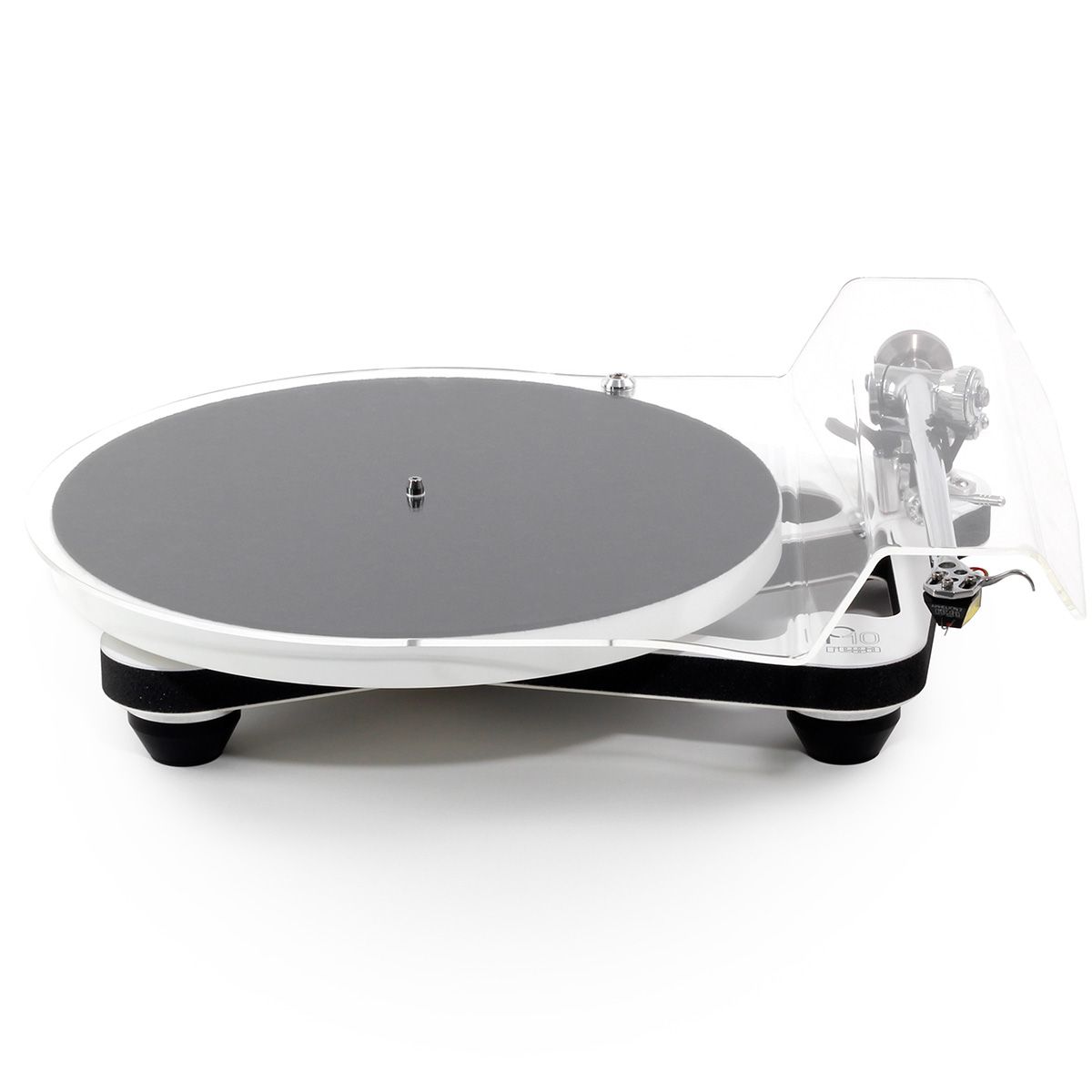 Rega Planar 10 Turntable white front view with dustcover