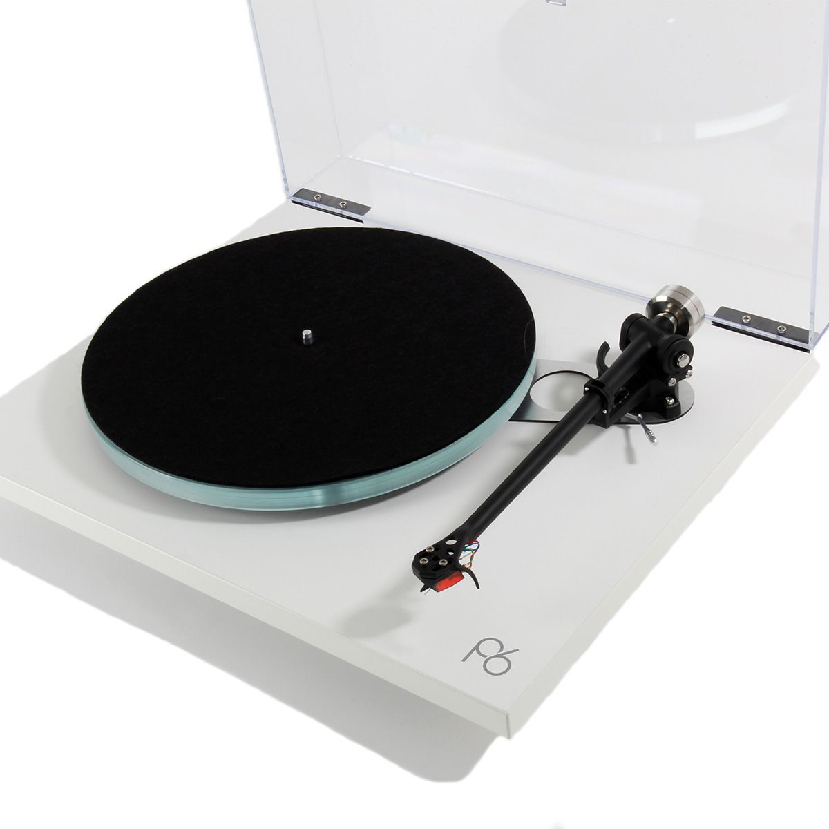 Rega Planar 6 Turntable - White - angled front view with dustcover