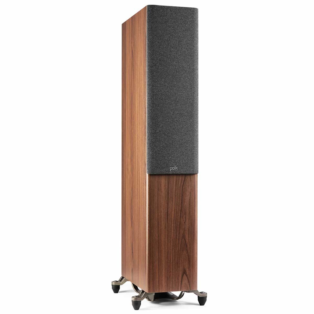 Polk R600 Floorstanding Speaker, Walnut, front right angle with grille