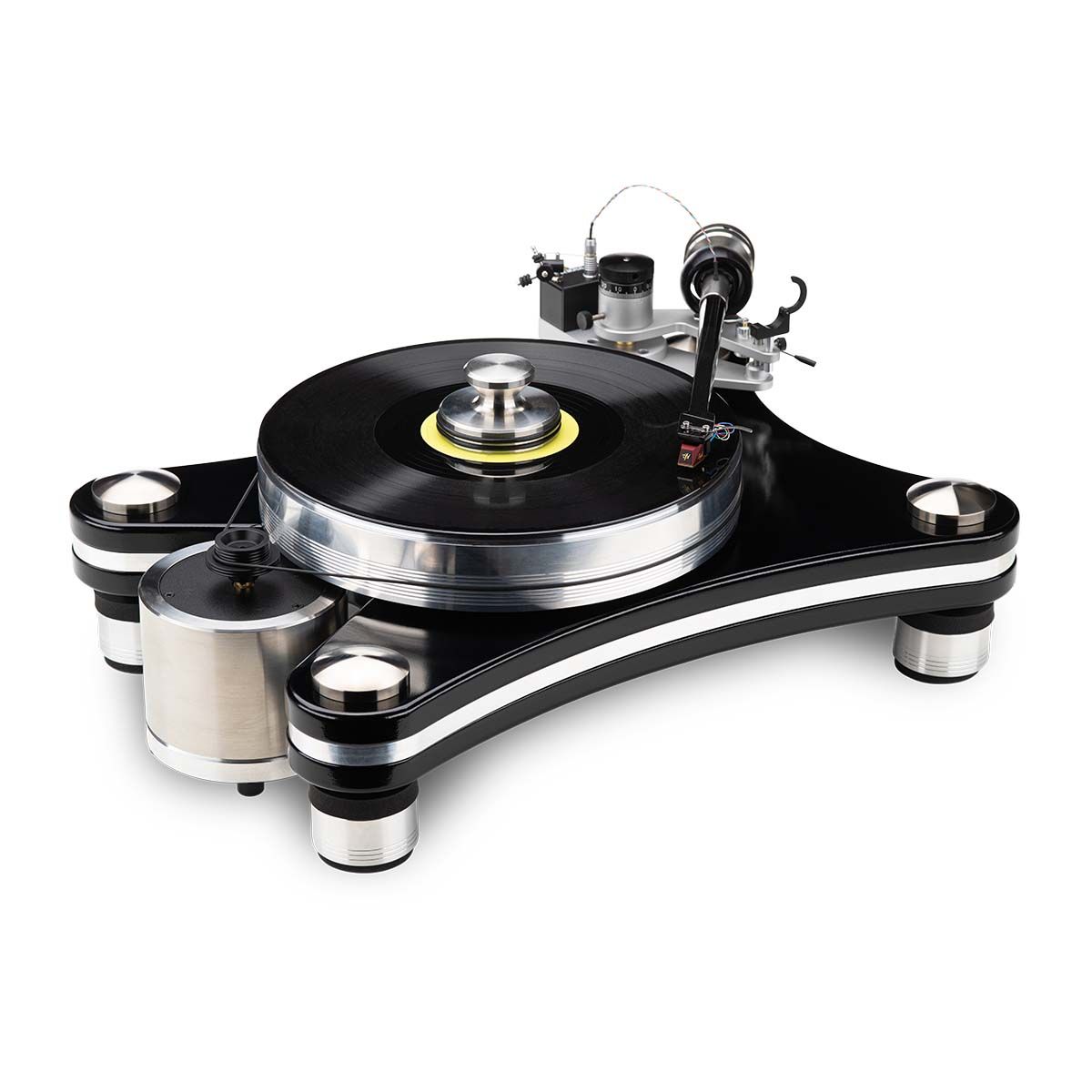 VPI Prime Signature 21 Turntable, Black, front angle with record and record weight