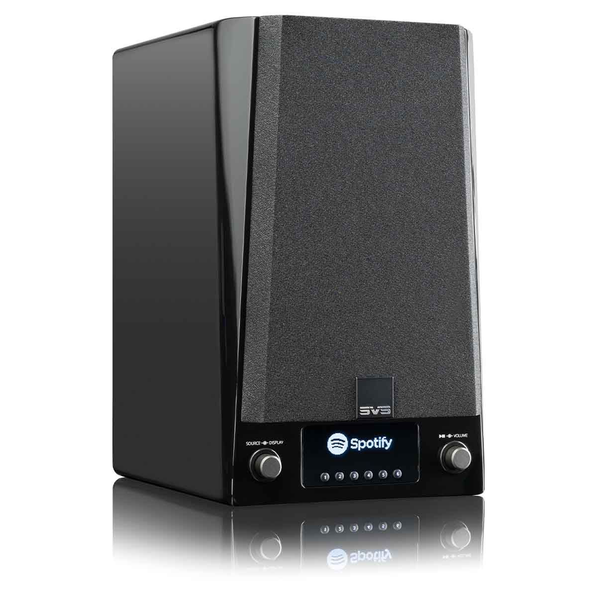 SVS Prime Wireless Pro Powered Speakers - Pair - angled front view of powered speaker with grille
