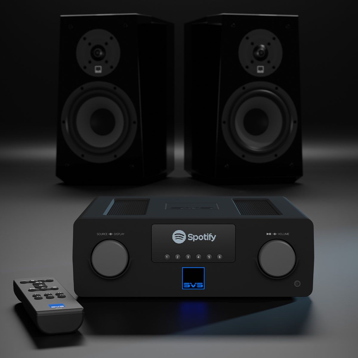 SVS Prime Wireless Pro Soundbase - front view with Prime bookshelf speakers