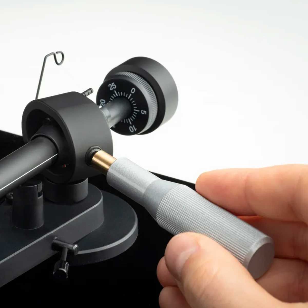 Pro-Ject Adjust It Tonearm bearing adjustment tool being used
