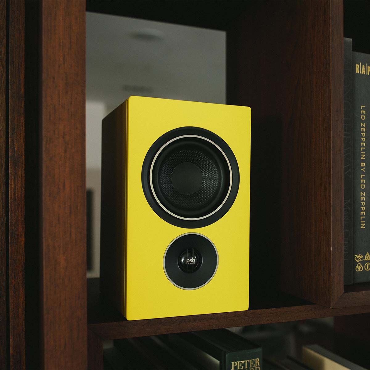 PSB Alpha iQ Streaming Powered Speakers - yellow single - lifestyle image