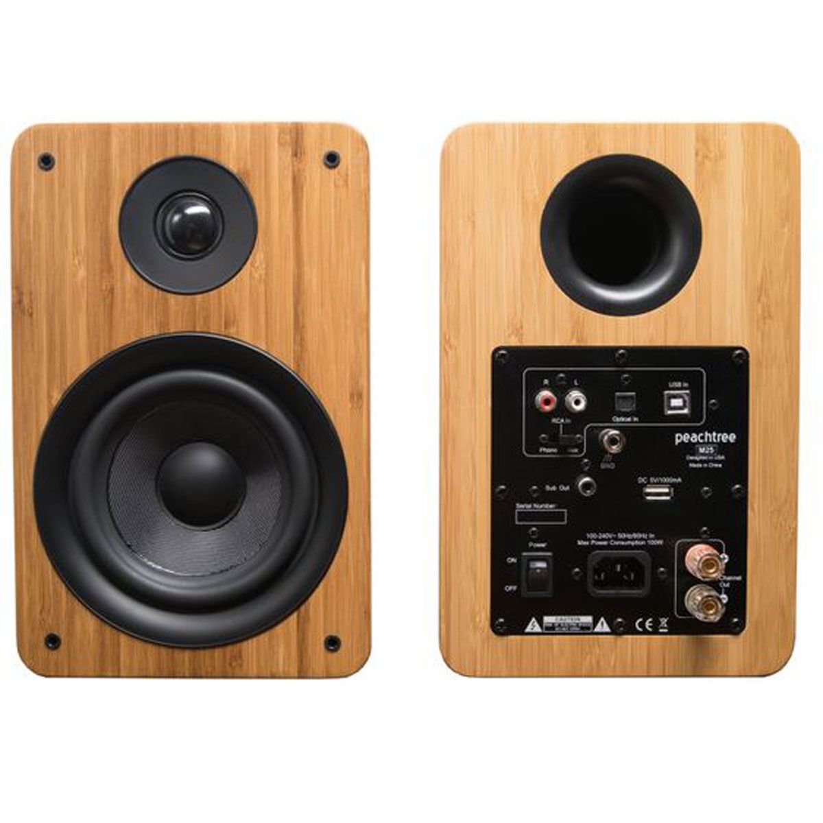 Peachtree M24 Powered Speakers, Bamboo, front and back view