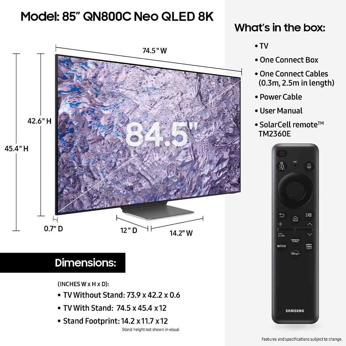 Samsung QN800C 8K Neo QLED Smart TV (2023) technical drawings