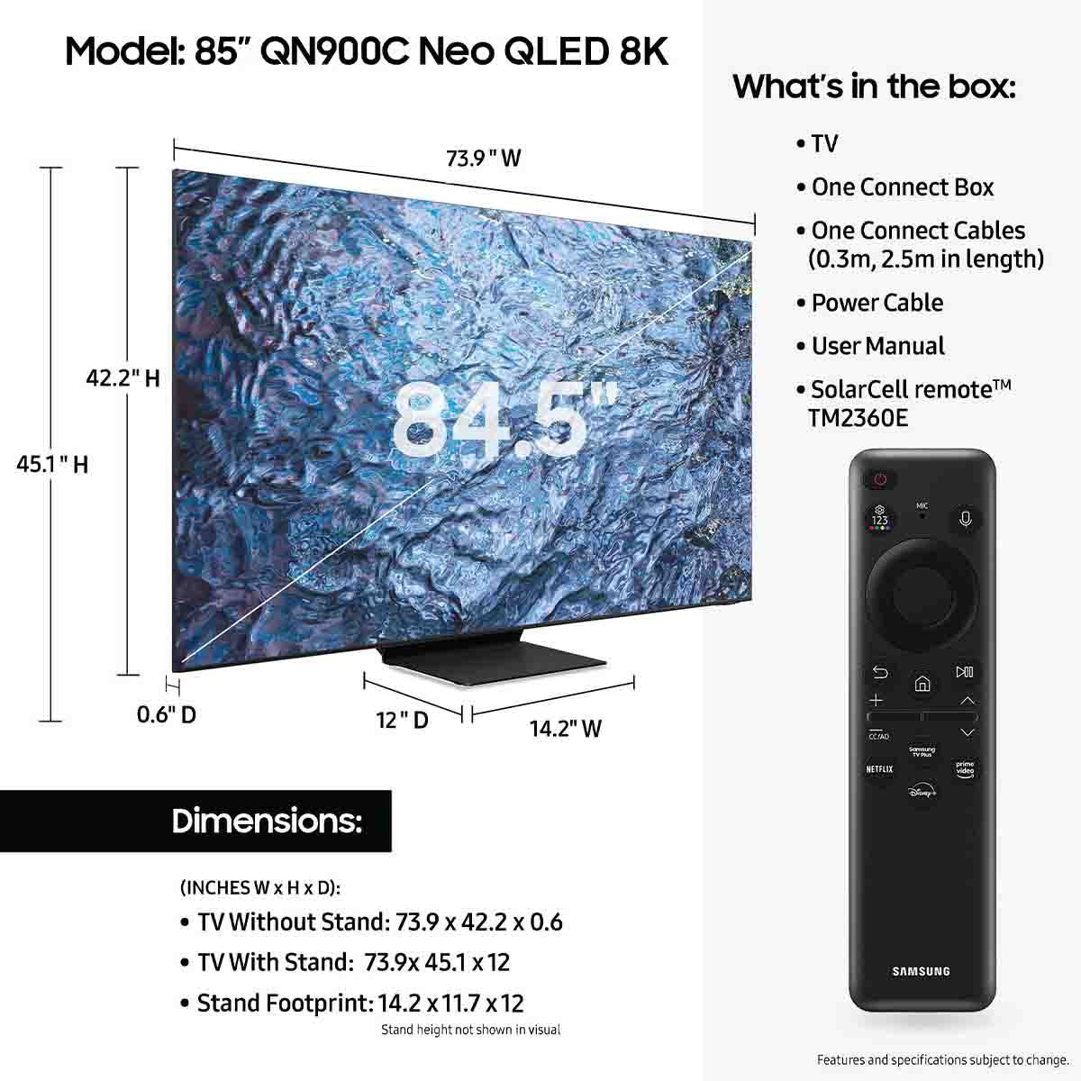 Samsung QN900C 8K Neo QLED Smart TV (2023) technical drawings - 85"