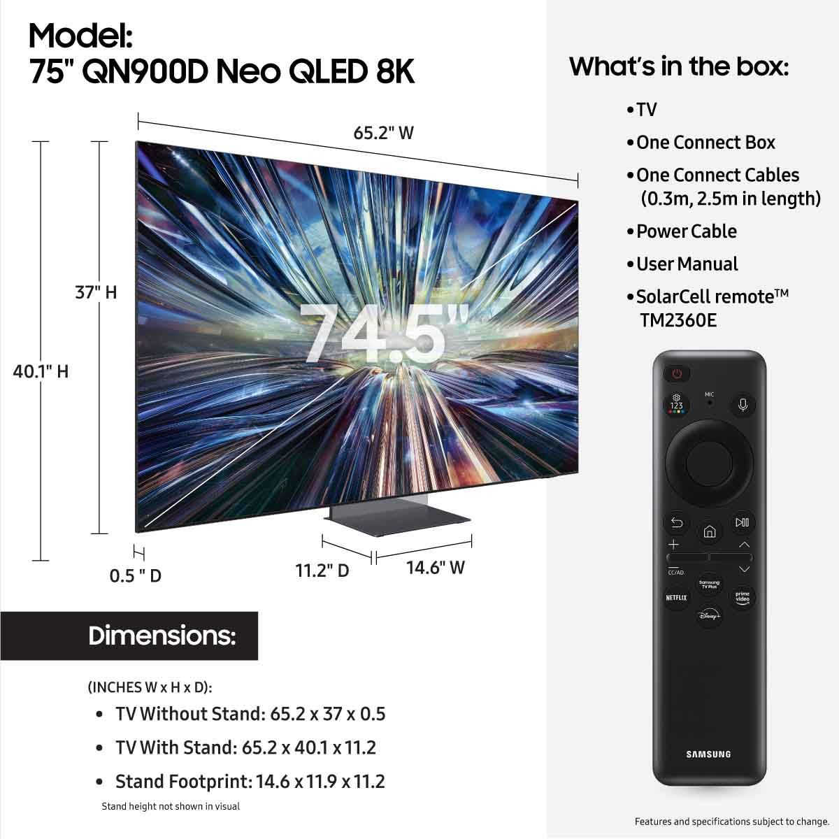 Samsung QN900D Neo QLED 8K Smart TV - 75" - dimensions and what's in the box