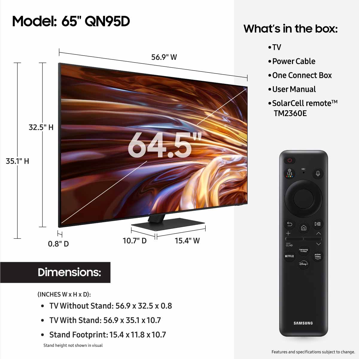 Samsung QN95D Neo QLED 4K Smart TV - 65" - dimensions and what's in the box