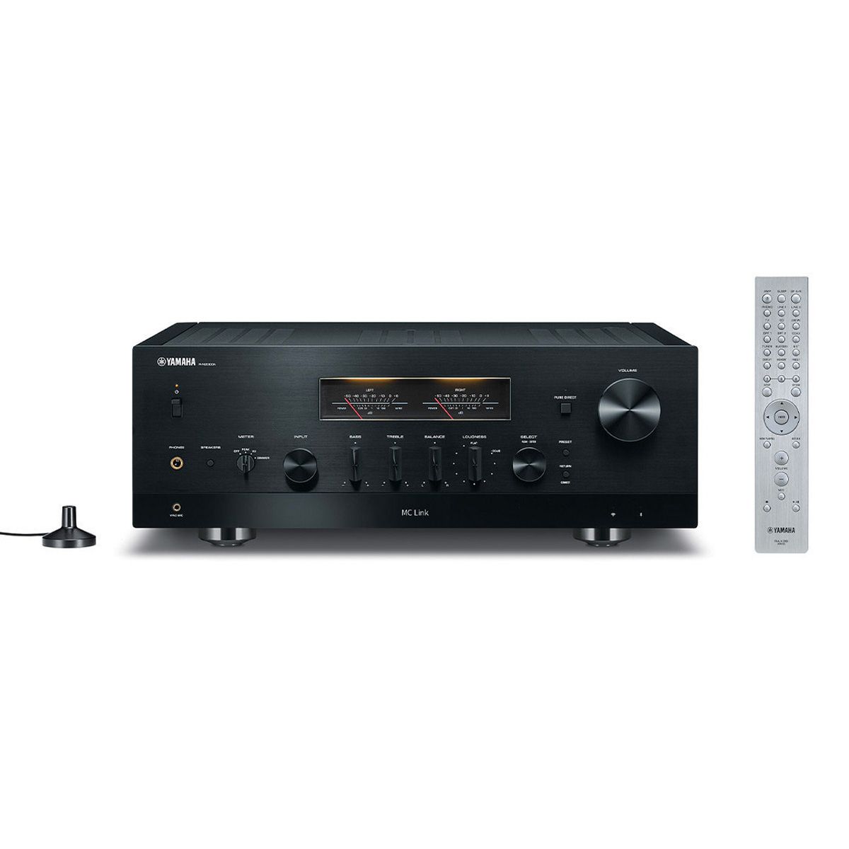 Yamaha R-N2000A Hi-Fi Network Receiver front view with remote and calibration mic