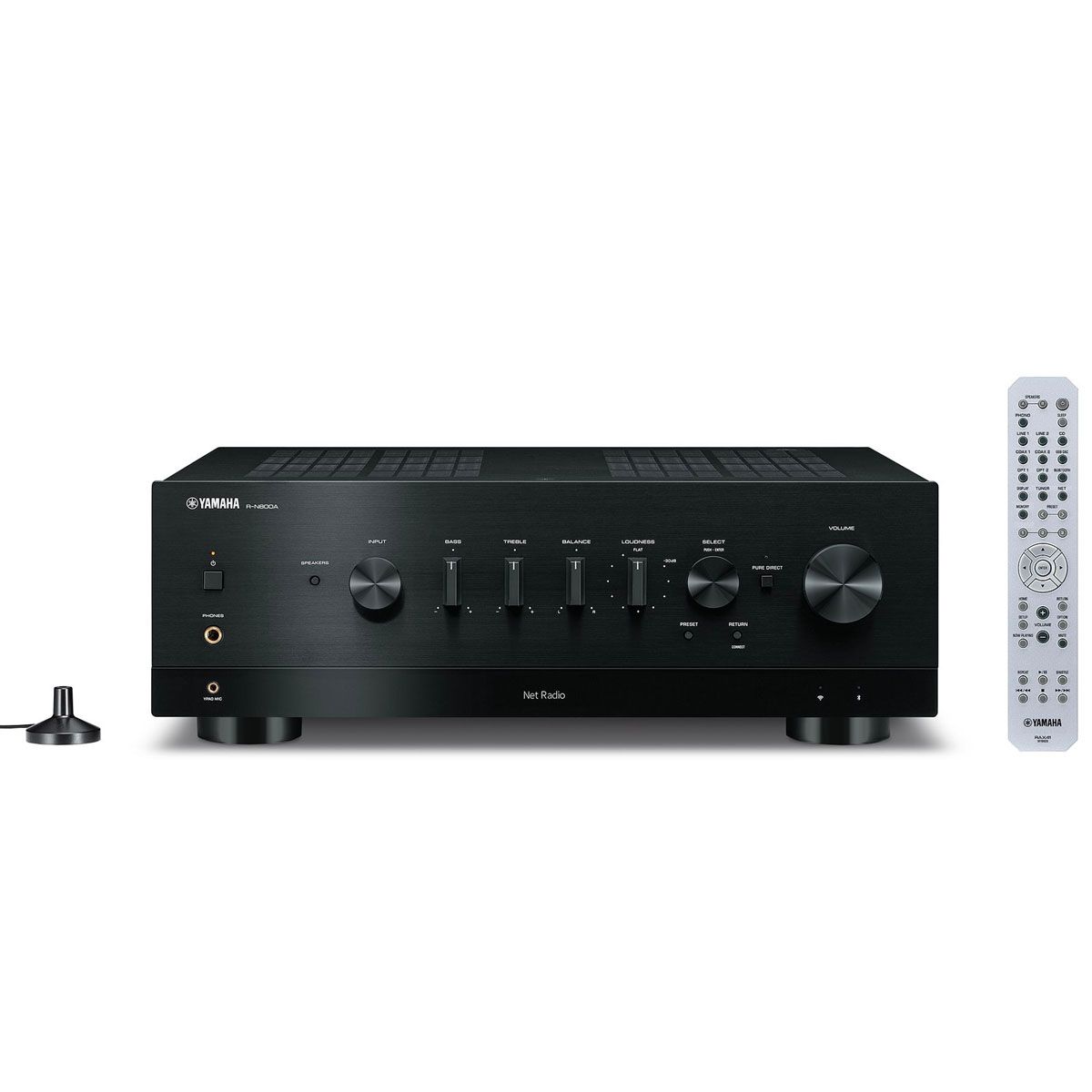 Yamaha R-N800A Network Stereo Receiver - Black front view with remote and calibration microphone