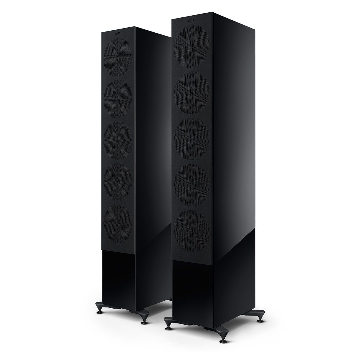 KEF R11 Meta Tower Speaker - black angled front view of pair with grilles