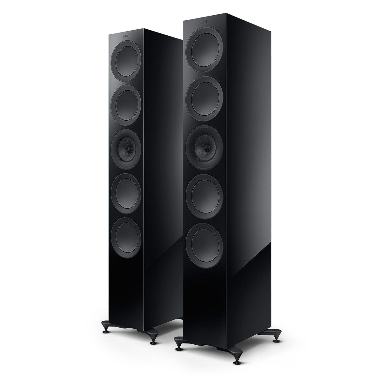 KEF R11 Meta Tower Speaker - black angled front view of pair without grilles