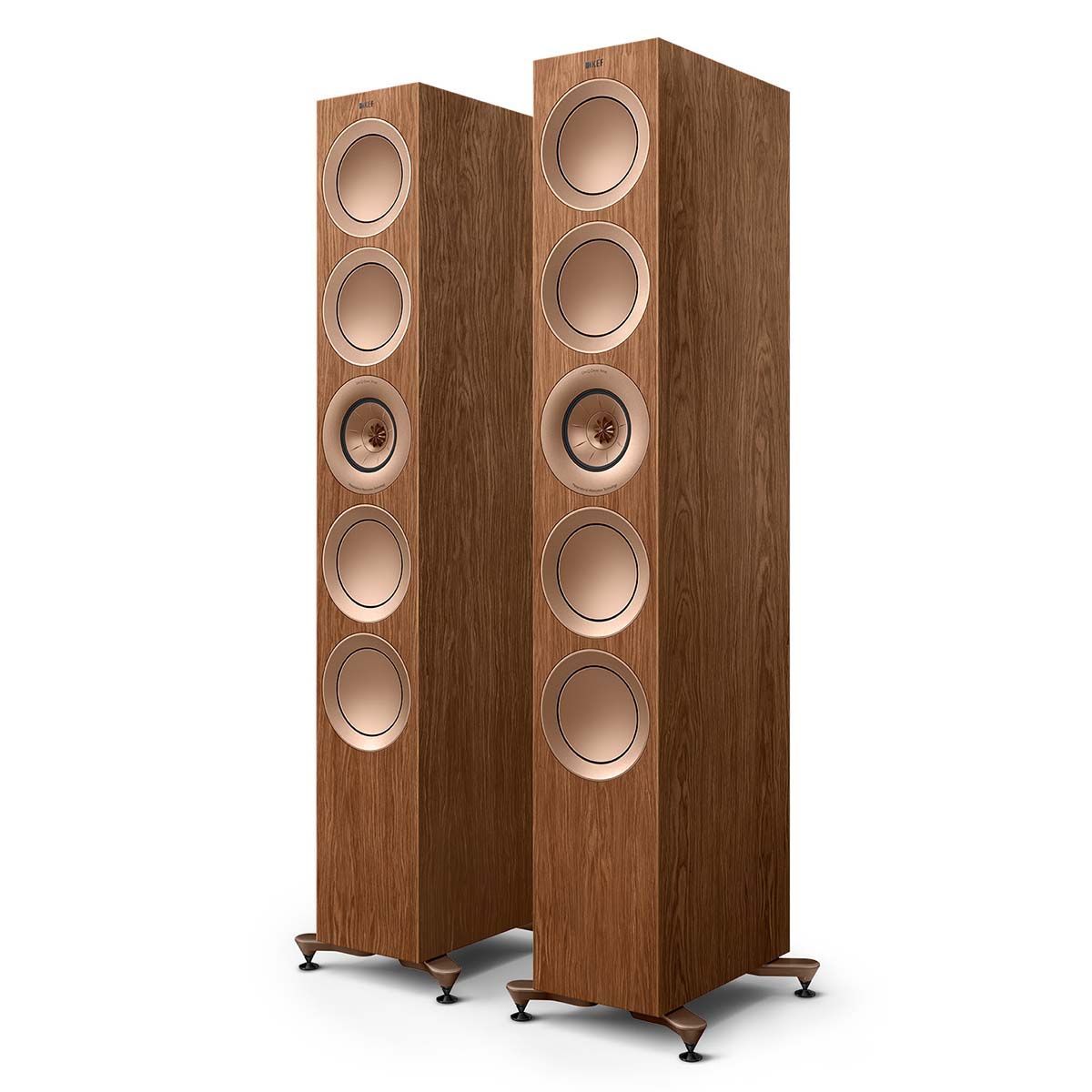 KEF R11 Meta Tower Speaker - walnut angled front view of pair without grilles