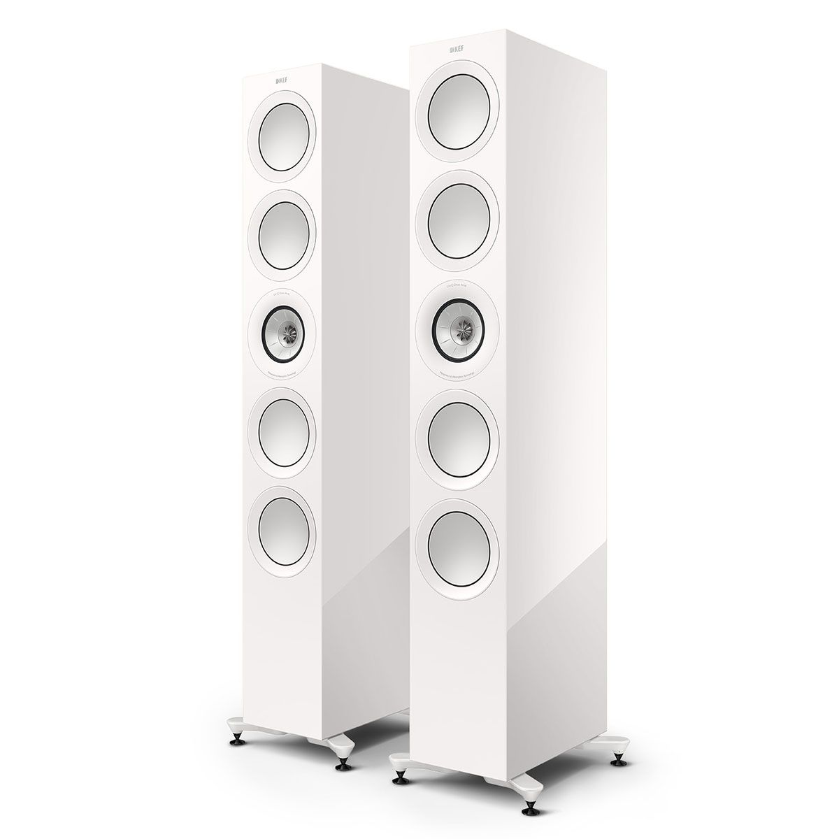 KEF R11 Meta Tower Speaker - white angled front view of pair without grilles