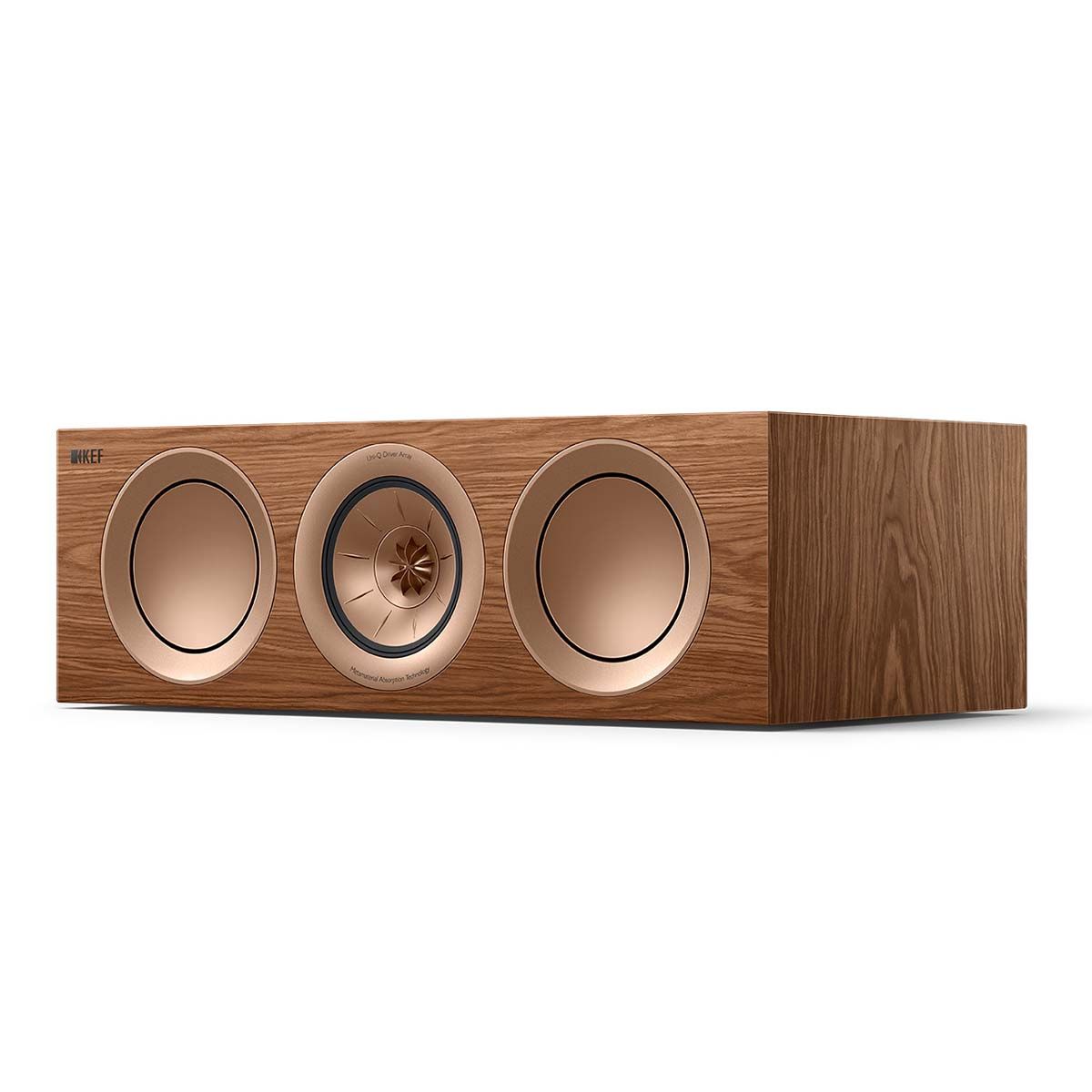 KEF R2 Meta LCR Speaker - Each walnut angled front view without grille