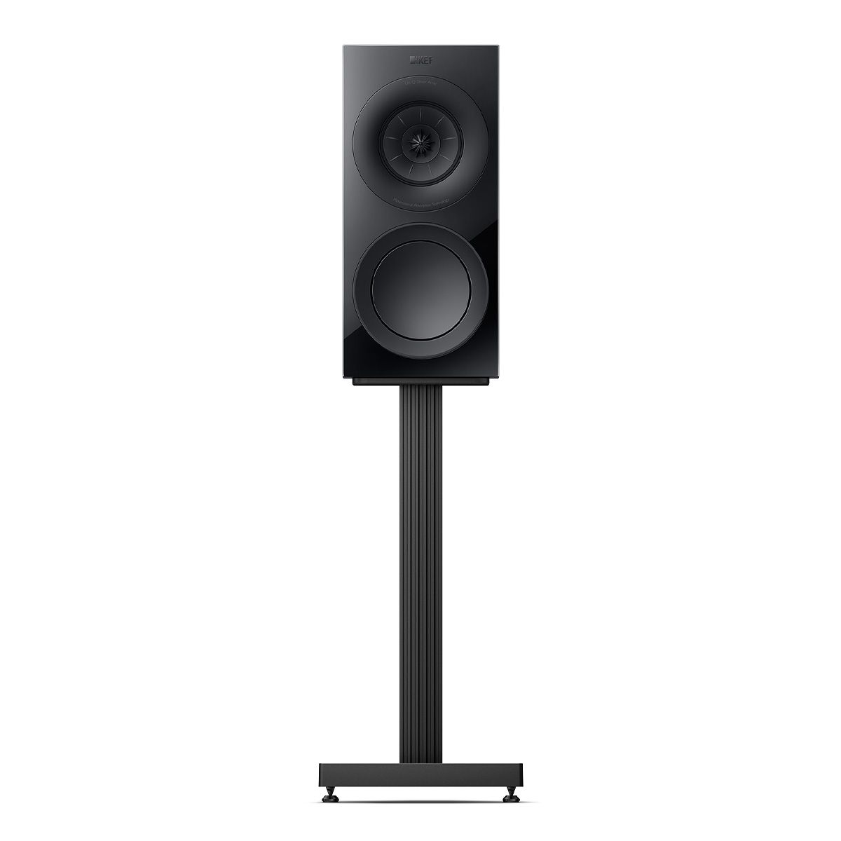 KEF R3 Meta Bookshelf Speakers - black front view without grille on S3 Stand