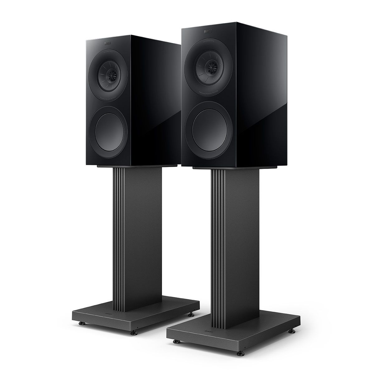 KEF R3 Meta Bookshelf Speakers - Pair black angled front view without grilles on S3 Stands