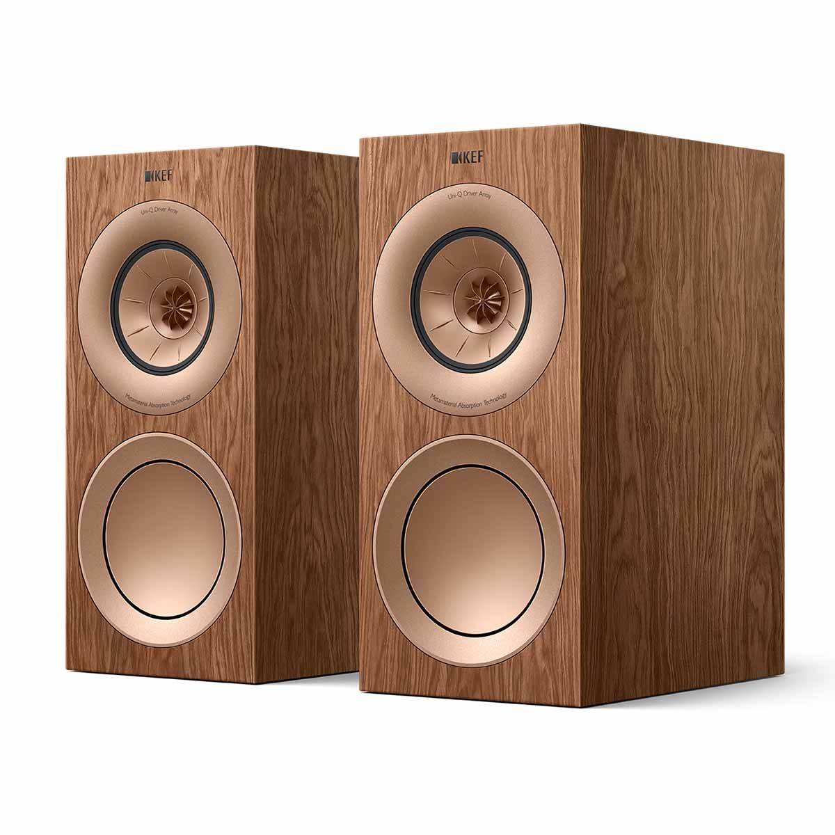 KEF R3 Meta Bookshelf Speakers - Pair walnut angled front view without grilles