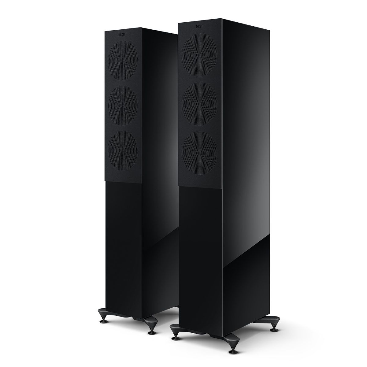 KEF R5 Meta Tower Speaker - Each black angled front view of pair with grilles