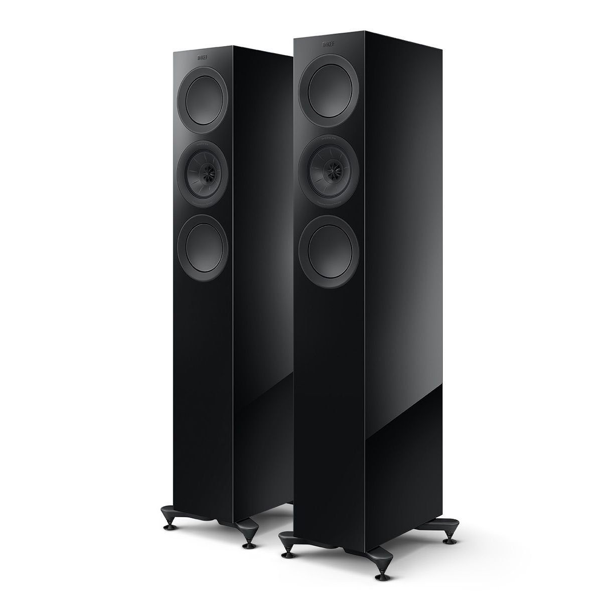 KEF R5 Meta Tower Speaker - Each black angled front view of pair without grilles